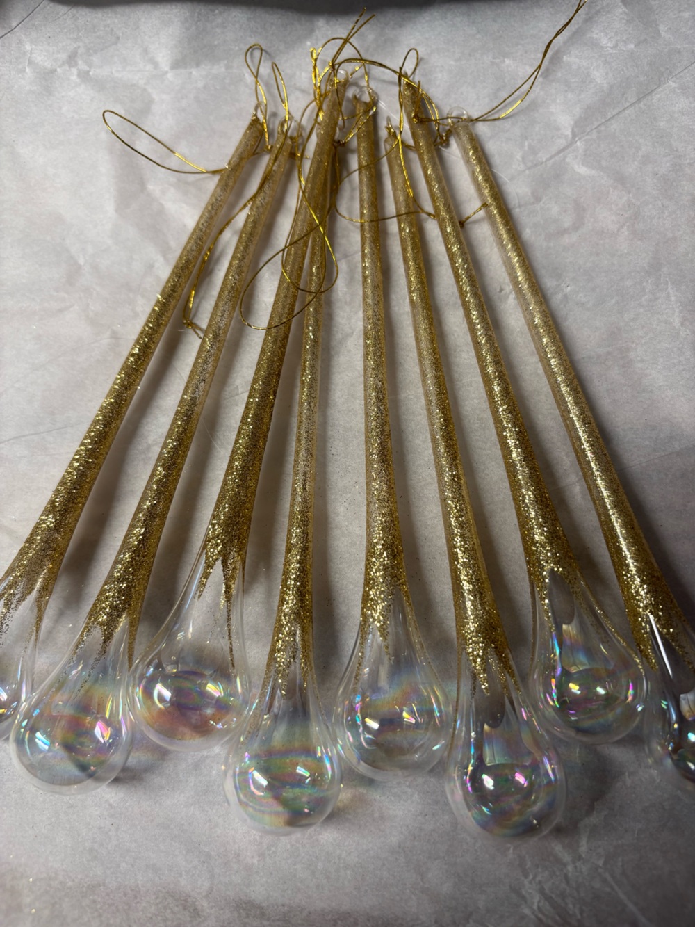 Vintage Iridescent Gold Glitter Teardrop Hanging Ornaments- Set of 8